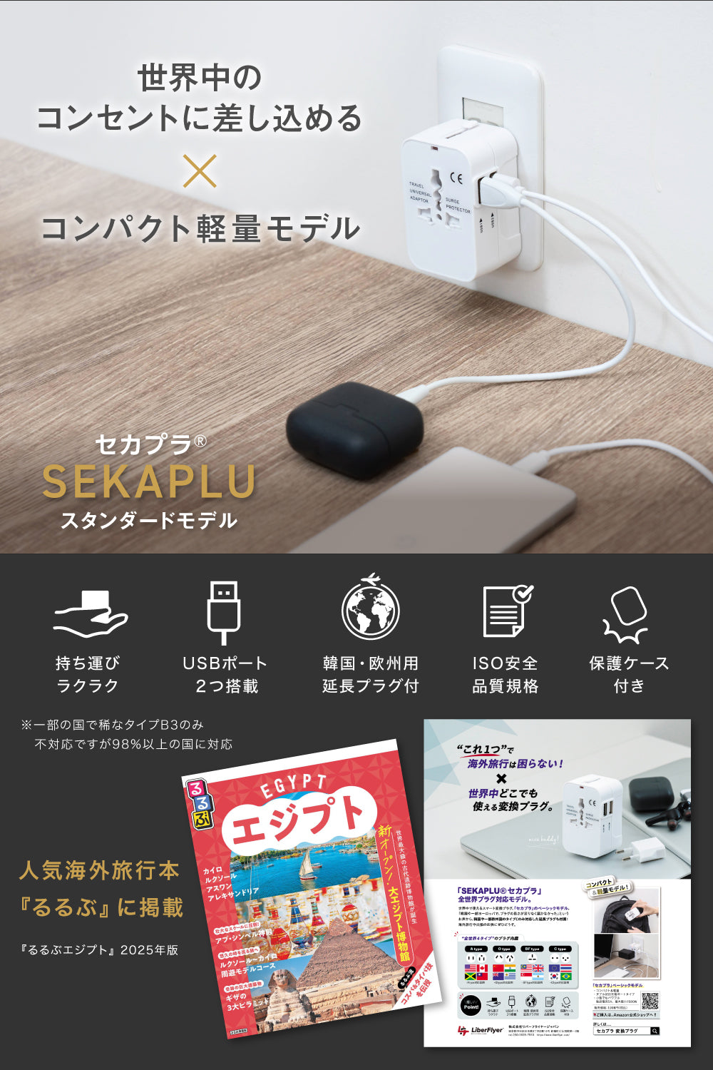 セカプラ®︎ SEKAPLU 全世界対応 海外 変換プラグ コンパクト ダブル USBポートタイプ＋タイプC延長プラグ付き